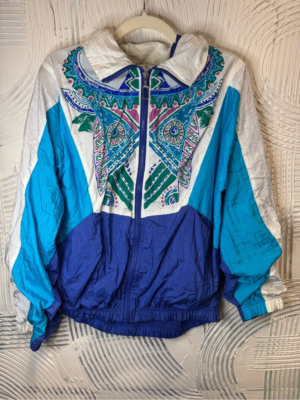 Vintage-Inspired Women's Blue & Teal Zip Windbreaker Jacket